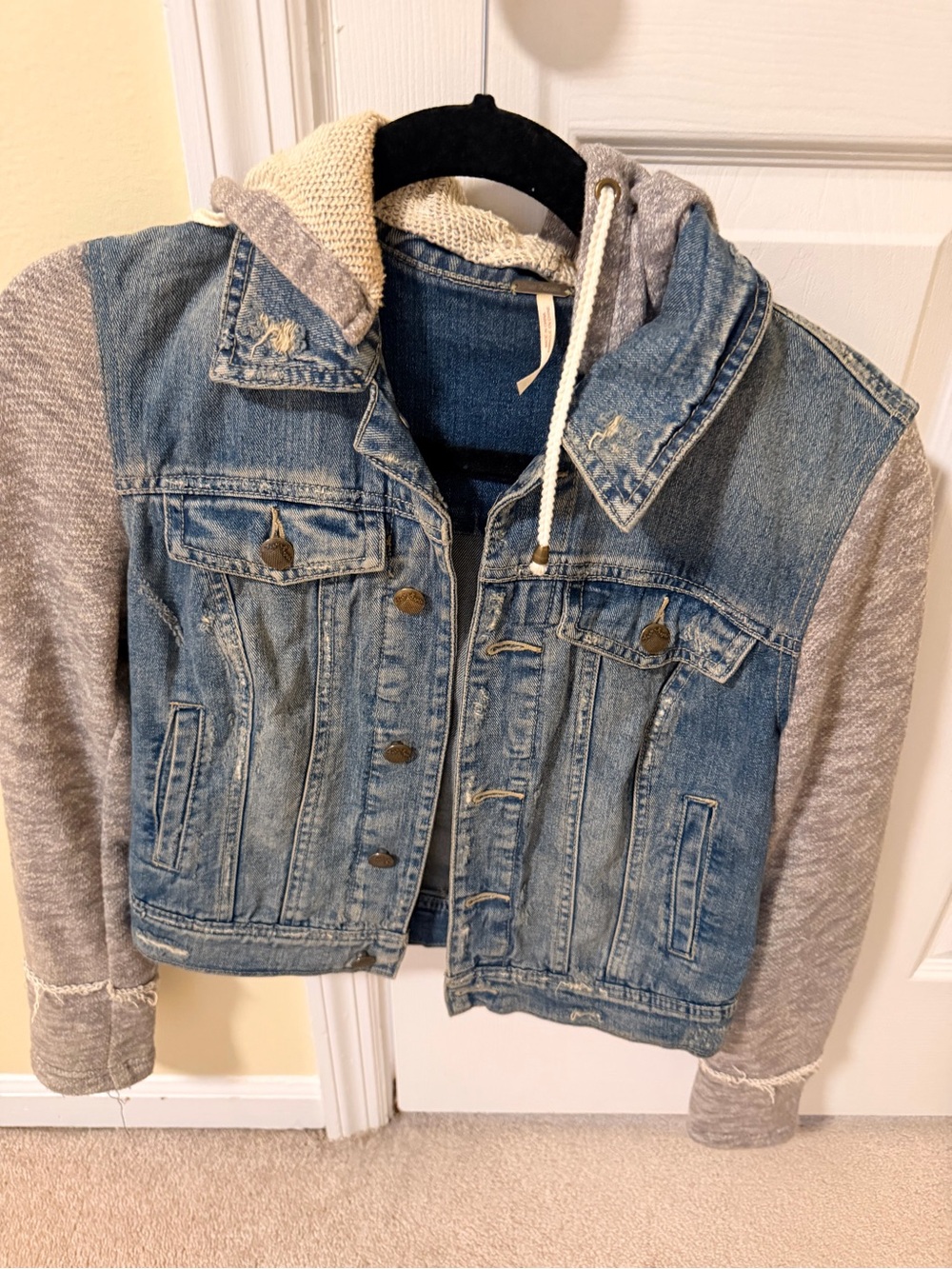 Free People Women's Blue Denim Jacket with Gray Hooded Knit Sleeves, sweatshirt